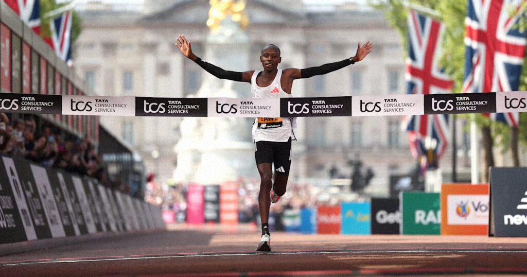 A champion runner finishing the race during the London Marathon 2026 free streams live event