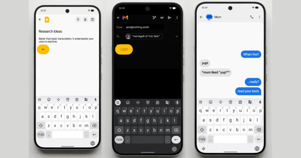 The clean user interface of the Nothing Essential Voice feature showing live text transcription