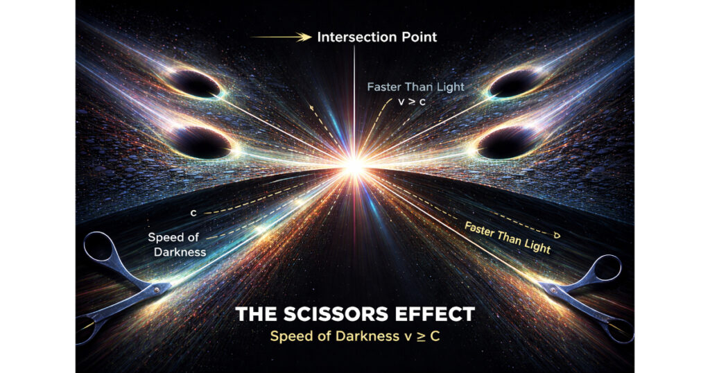 A diagram illustrating the scissors effect where the speed of darkness at the intersection point exceeds light speed.