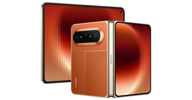 A high-resolution shot of the Huawei Pura X Max showcasing its unique wide foldable design in Vibrant Orange.