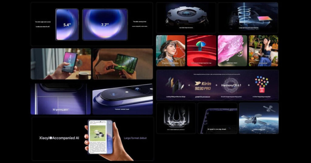 Internal render of the Huawei Pura X Max highlighting the Kirin 9030 processor and cooling system.