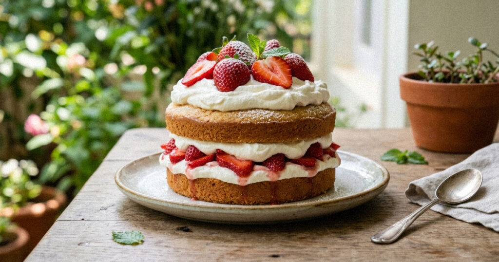 A strawberry shortcake highlighting realistic dessert images using natural lighting.