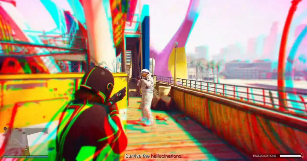 A player fighting off aliens and clowns in the new GTA Online Stoner Survival mode.