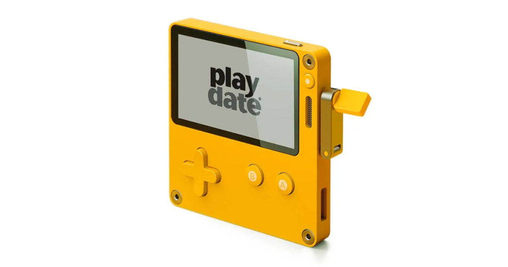 A close up of the yellow Playdate handheld showing the screen where the Playdate AI game ban will be enforced for new apps.