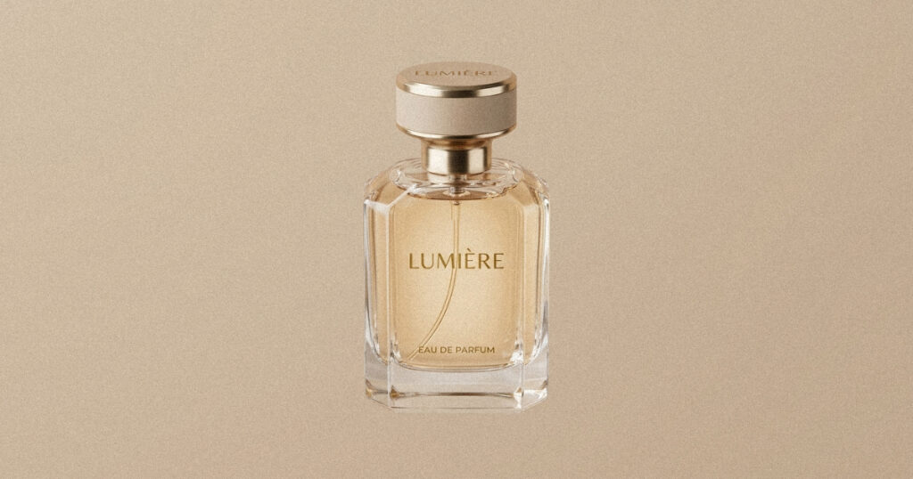 A minimalist example of product photography prompts featuring a floating glass bottle against a gray background.