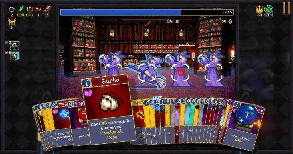 UI view of the Vampire Crawlers deck building screen highlighting various weapon and relic cards.
