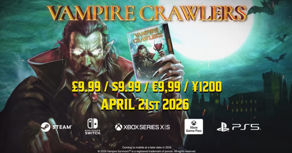 The official logo for the Vampire Survivors spin-off titled Vampire Crawlers next to Xbox Game Pass branding.