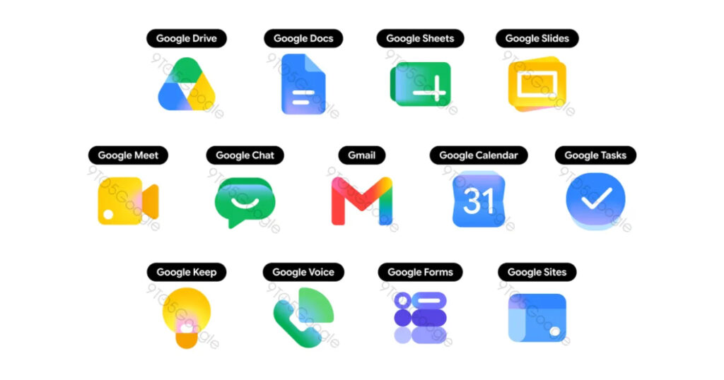 Google gradient icon redesign for Calendar Gmail Meet and Chat apps shown side by side in 2026