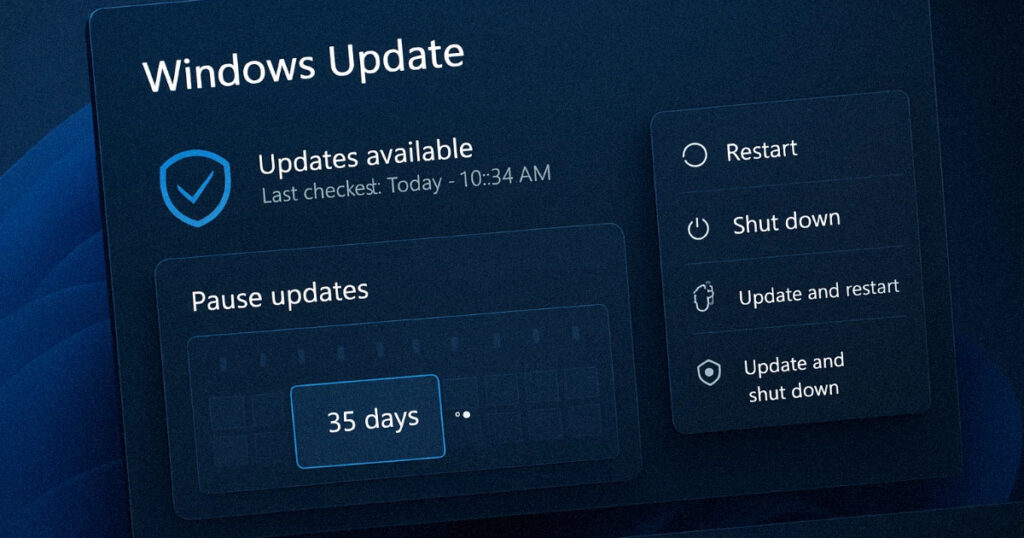Windows 11 update pause fix showing new Power menu with separate restart and shutdown options without forced update