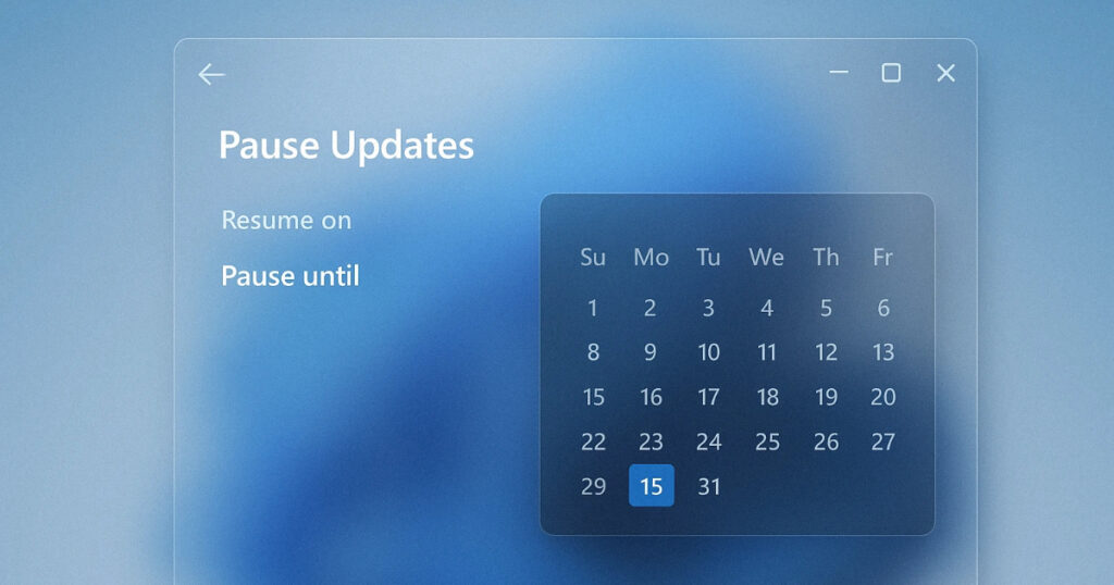 Windows 11 update pause calendar interface showing 35-day extension option for delaying updates