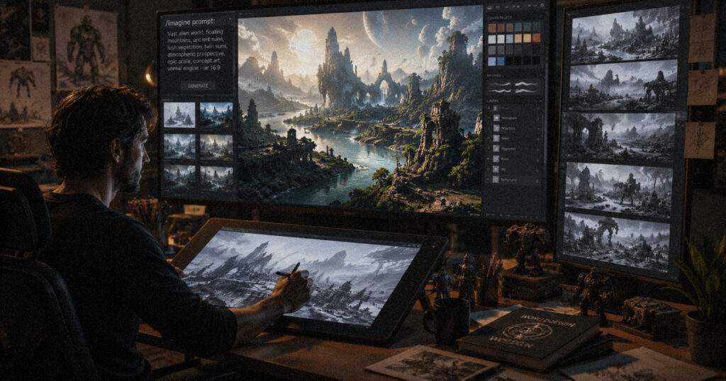A digital artist using sci-fi landscape prompts to design a new world for a video game.