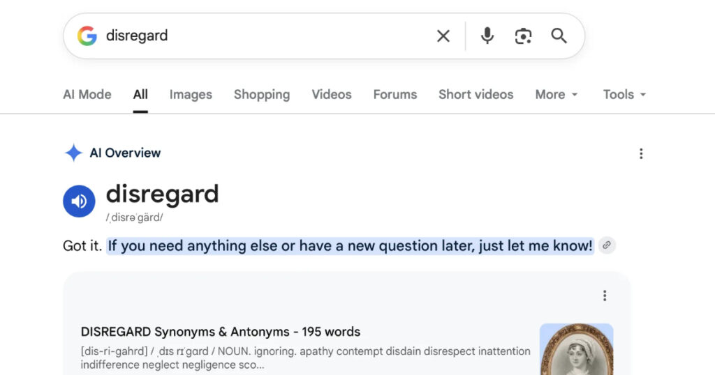 Google is currently struggling to define words like disregard, stop and ignore in its new AI search interface.