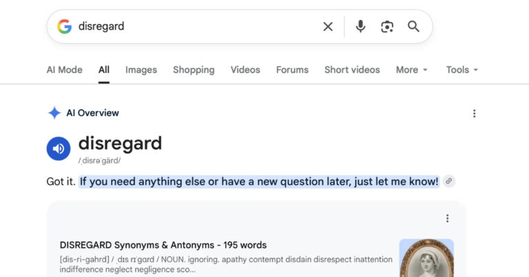 Google is currently struggling to define words like disregard, stop and ignore in its new AI search interface.