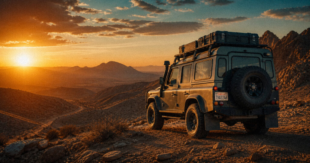 Lighting during the "golden hour" or dusk provides a premium feel that works well for automotive or outdoor gear.