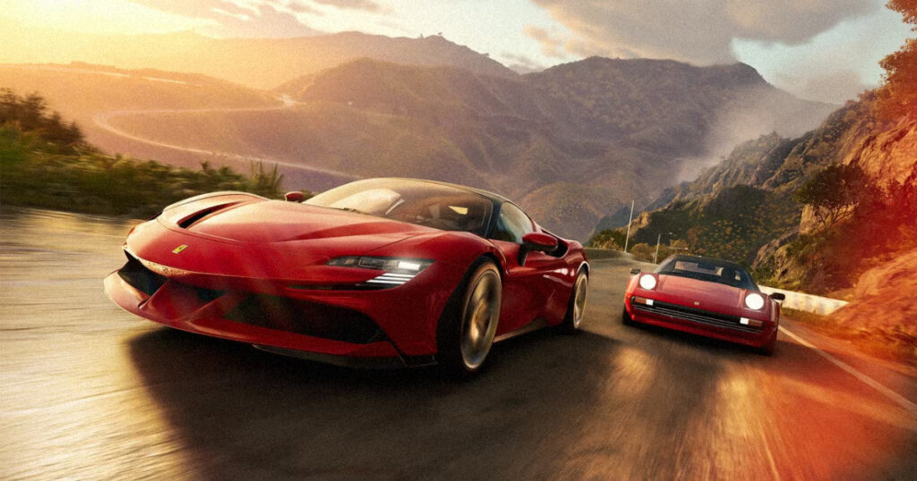 Two sports cars drifting around a sharp mountain corner in a nighttime race from the Forza Horizon 6 leak.
