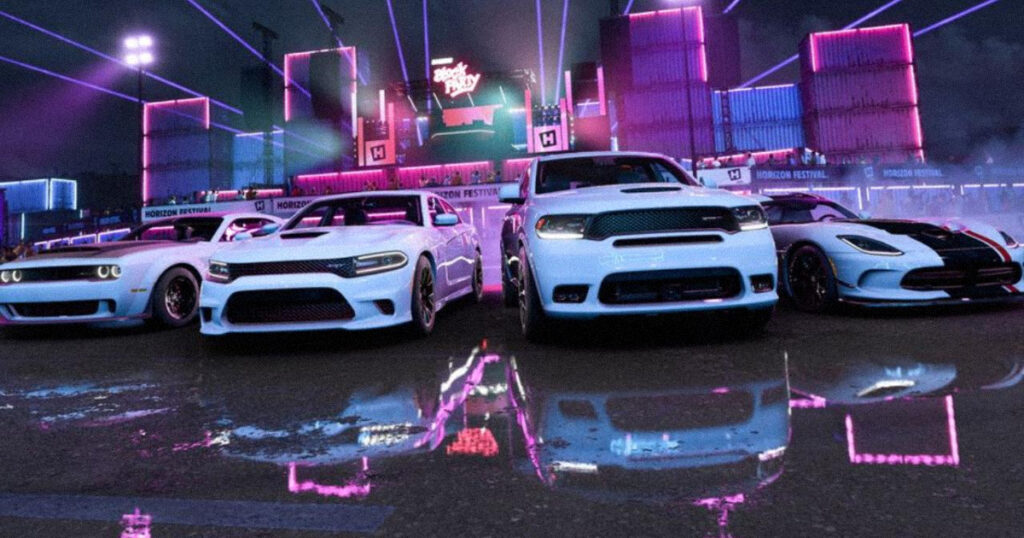 A screenshot from the Forza Horizon 6 leak showing the main menu and a Japanese supercar on a neon-lit street.