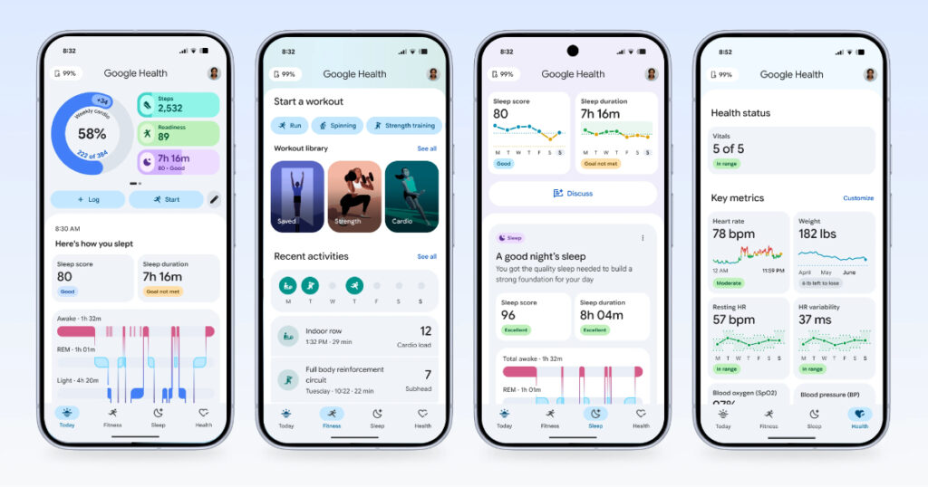 A smartphone screen displaying the Google Health app and personalized insights from the Fitbit Air.