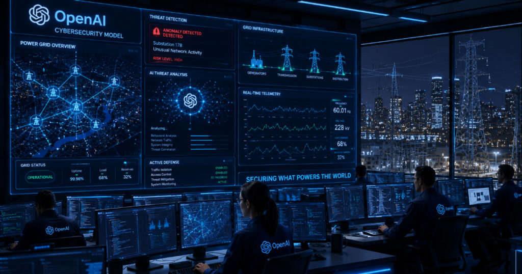 A high-tech control room where engineers are using the OpenAI cybersecurity model to monitor a city's power grid.