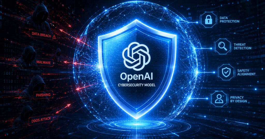 A digital shield glowing with blue light representing the protective power of the OpenAI cybersecurity model against hackers.