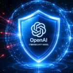 A digital shield glowing with blue light representing the protective power of the OpenAI cybersecurity model against hackers.