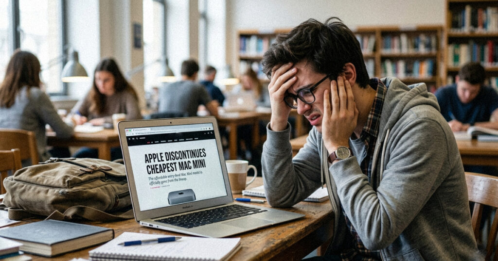 A student looking frustrated at a laptop screen showing the Apple cheapest Mac mini discontinued headline.