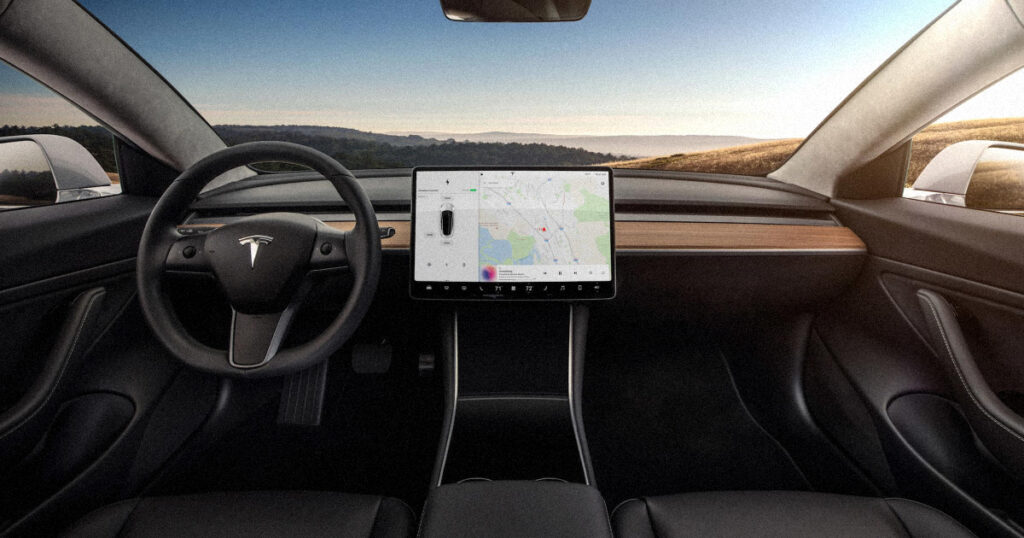 The interior of a new Model 3 showing the large touchscreen and minimalist dashboard reflecting the affordable Tesla Model 3 Canada price.