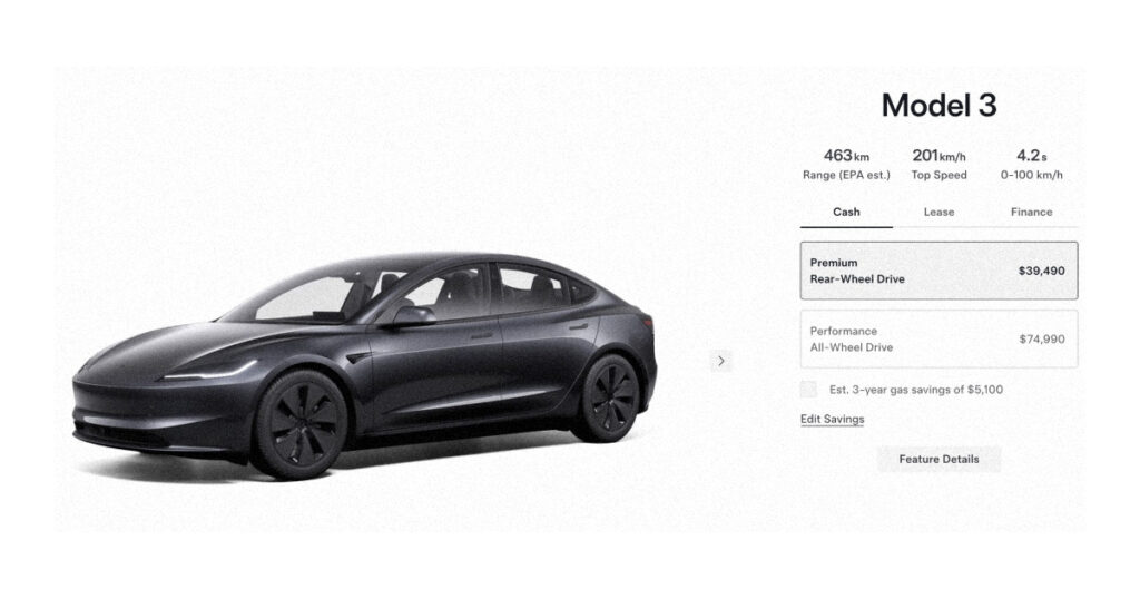 A white Tesla Model 3 parked in a modern Canadian city highlighting the new Tesla Model 3 Canada price benefits.