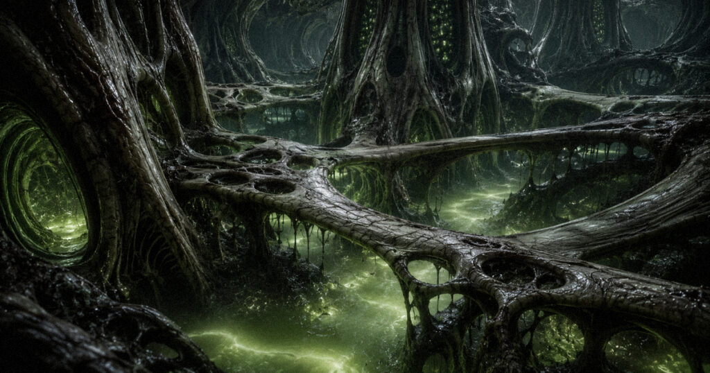 A landscape made entirely of organic, pulsating architecture that looks like bone and muscle