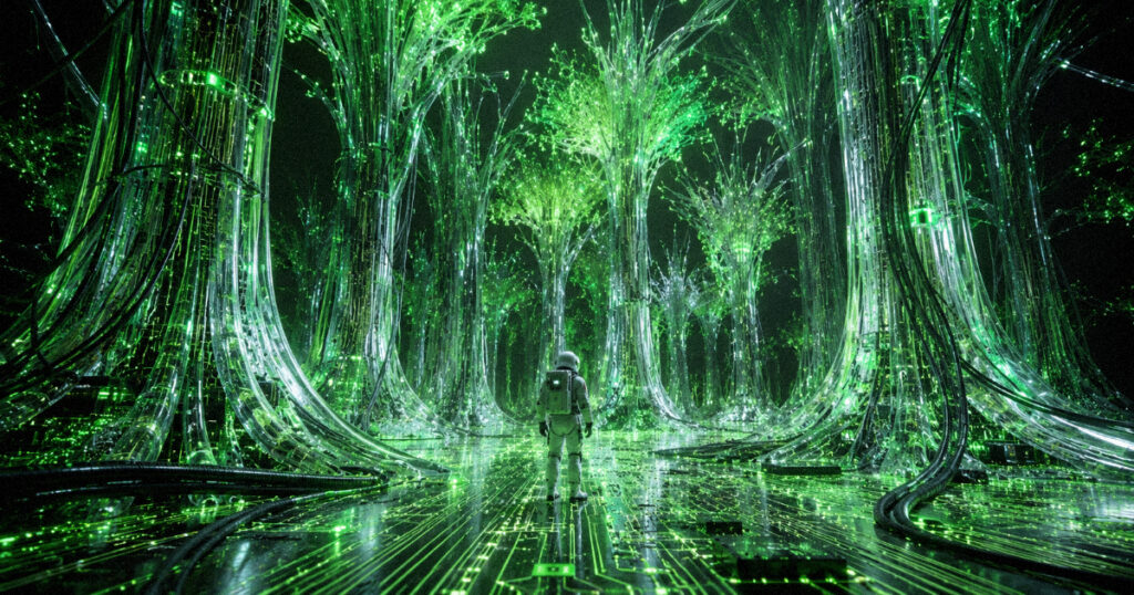 A surreal forest where trees are composed of glowing fiber optic cables and translucent polymers