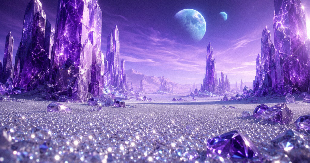 An expansive alien desert where every grain of sand is a microscopic diamond