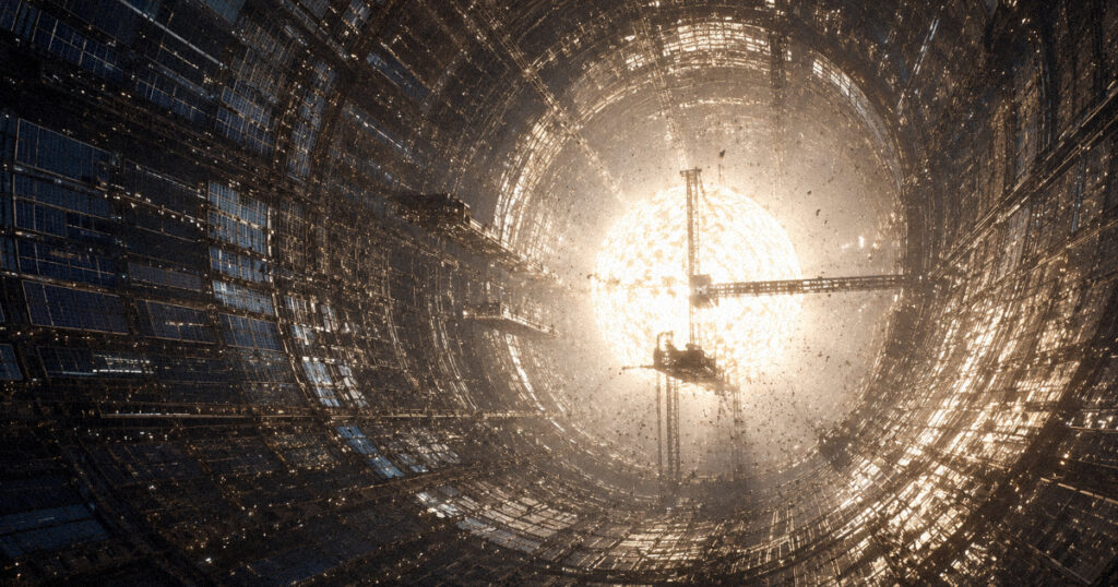 An internal view of a Dyson Sphere showing a captive sun in the center of a massive shell of solar panels