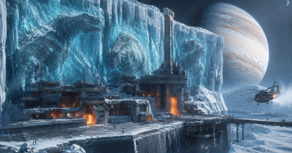 A high-tech research station carved into a massive vertical ice cliff on Jupiter's moon