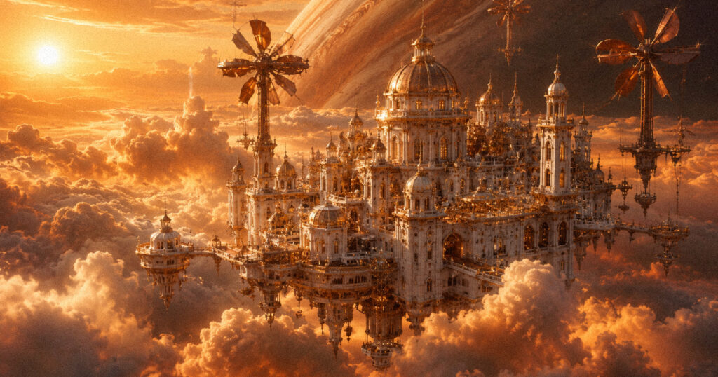A floating palace of white marble and gold filigree suspended in the upper atmosphere of a gas giant