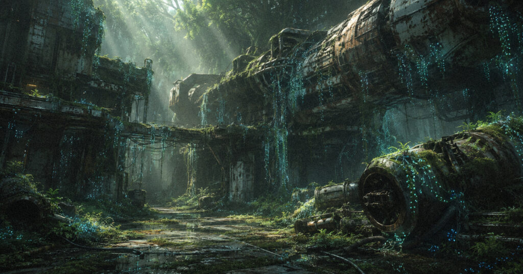 An abandoned brutalist spaceport being reclaimed by a dense bioluminescent jungle