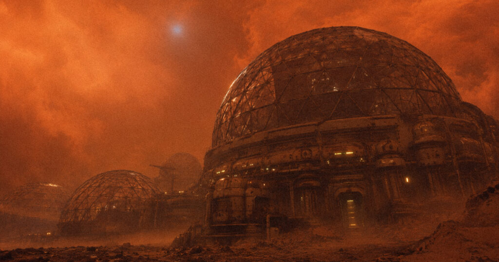 A sprawling geodesic dome colony during a violent Martian dust storm