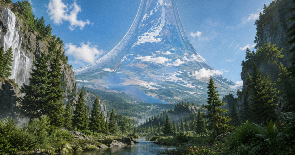 A first-person view from a lush valley looking upward to see the massive curve of a Ring World arching across the sky