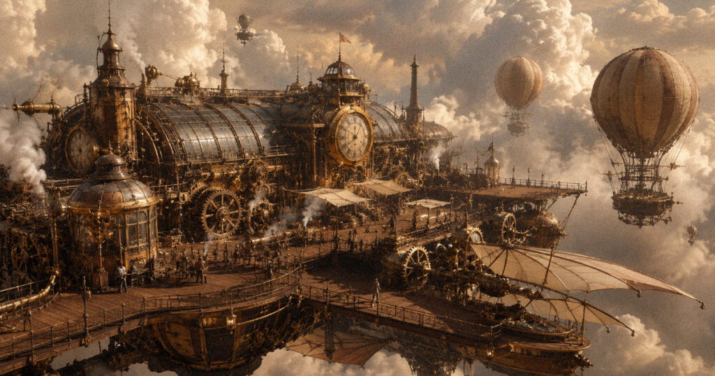 A massive brass and copper docking station floating among giant cumulus thunderclouds