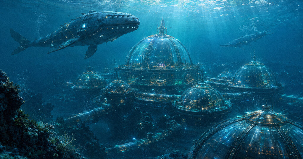 A massive underwater city encased in a series of interconnected glass domes on the ocean floor