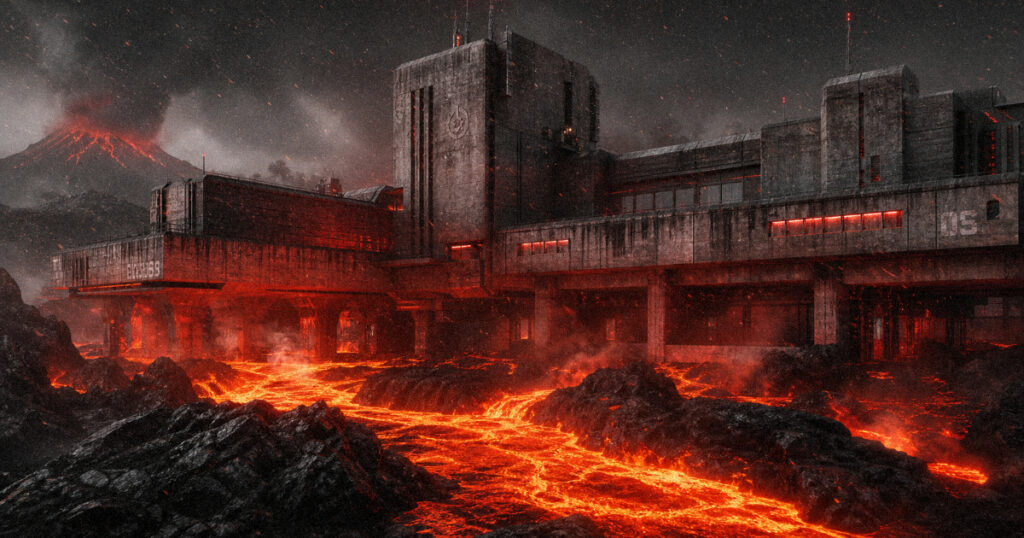 A heavy brutalist concrete laboratory built directly over a flowing river of molten lava