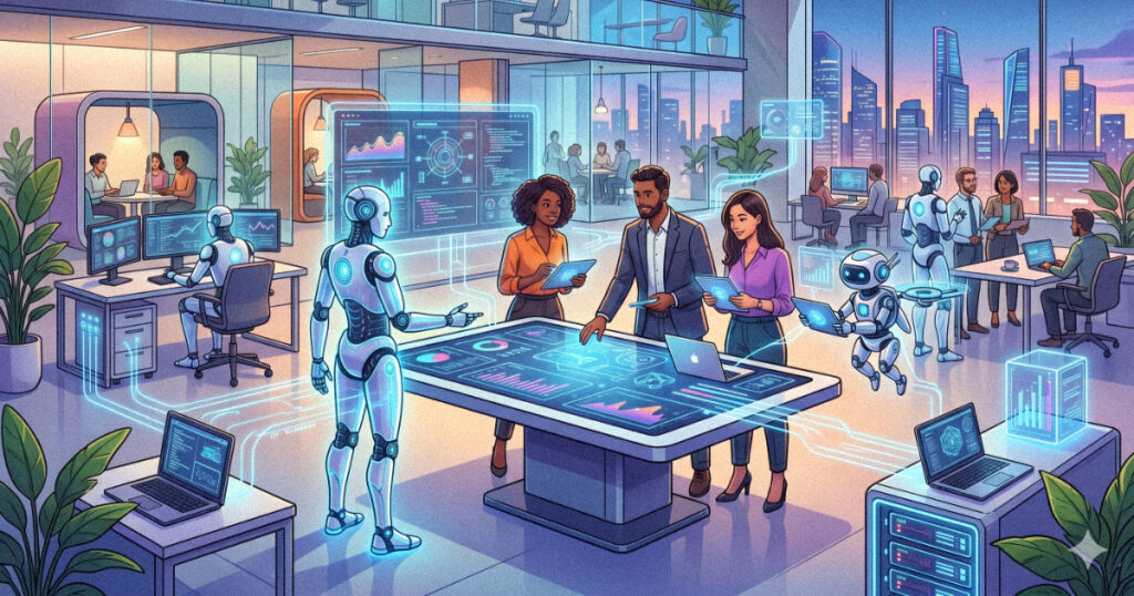 A digital representation showing the future of AI agents collaborating in a modern workspace.
