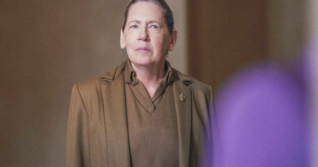 A dramatic promotional poster featuring Aunt Lydia for the upcoming The testaments episode 7 release date.