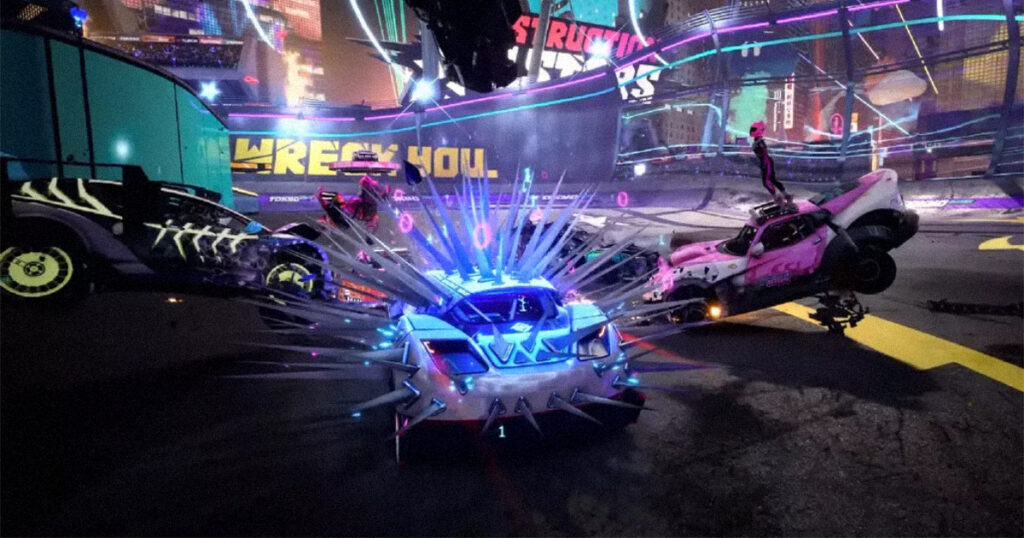 Intense car combat and vehicle wrecking action from the Destruction AllStars multiplayer game.