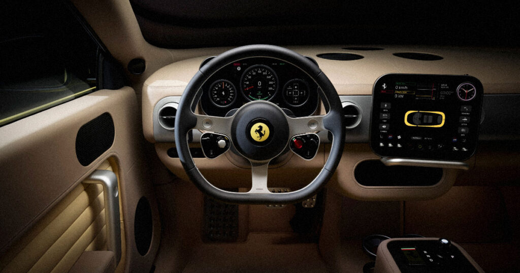 The tactile and premium interior dashboard of the Ferrari Luce electric luxury car featuring Gorilla Glass and aluminum switches.