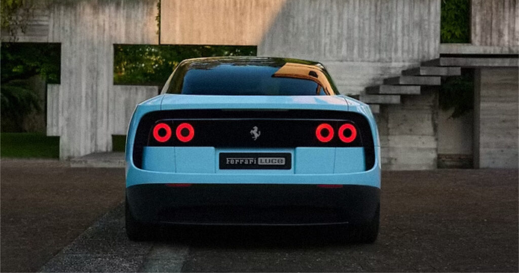 The striking rear taillight design of the Ferrari Luce electric luxury car.