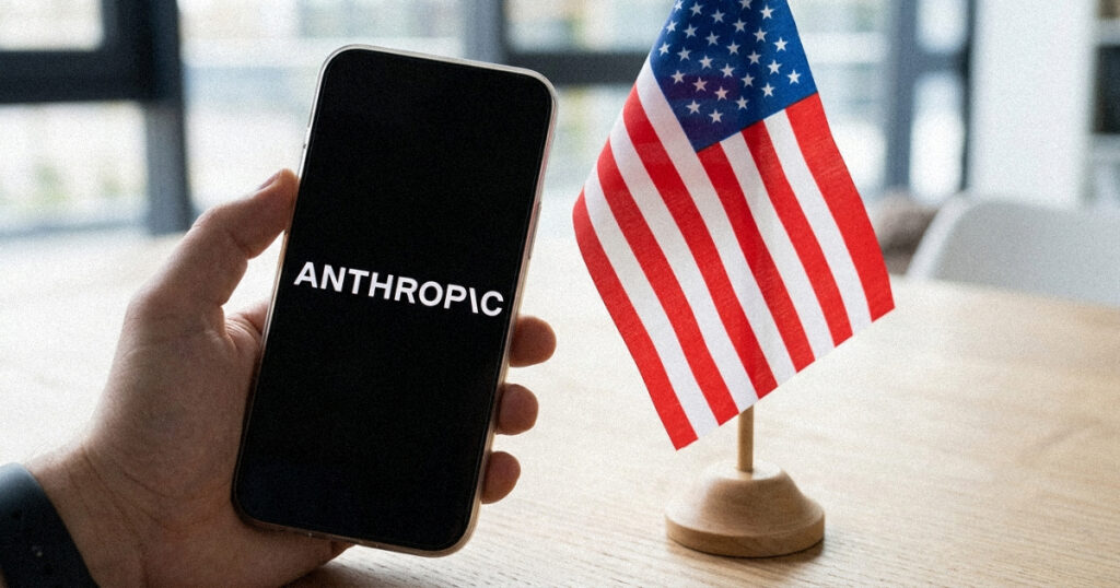 The Anthropic logo displayed on a smartphone screen next to a US flag.