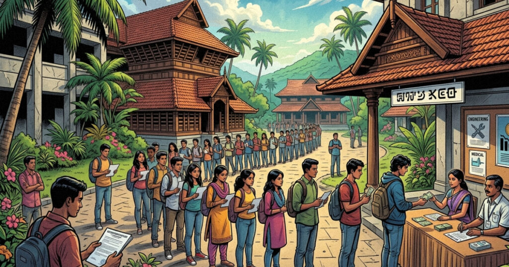 College campus in Kerala where students queue up to pay for a private in-house internship program