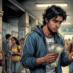 Indian college student looking worried while holding cash next to a fake internship offer letter (Paid internship scam)