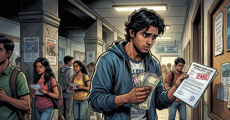 Indian college student looking worried while holding cash next to a fake internship offer letter (Paid internship scam)