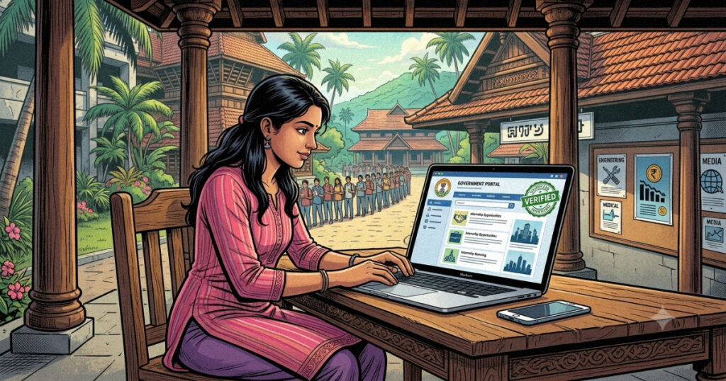 Student checking a verified government internship portal on a laptop instead of a WhatsApp message
