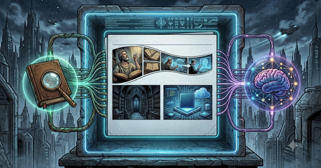 A vibrant graphic showing a news article card placed inside a glowing artificial intelligence frame.